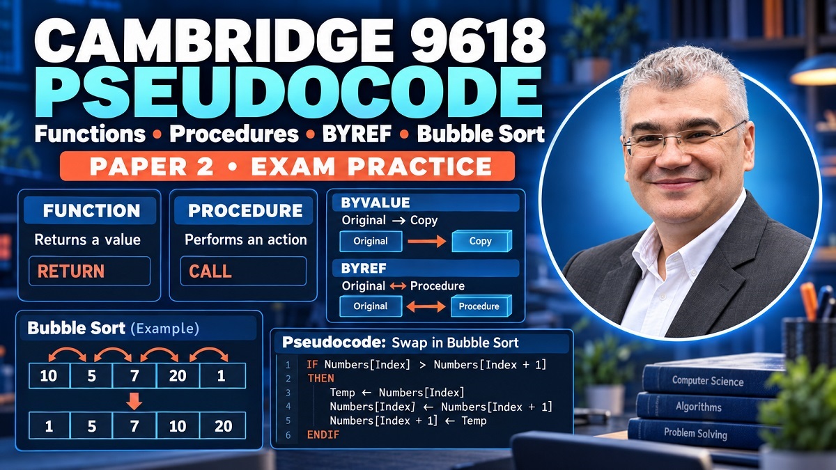 Cambridge 9618 Pseudocode: Functions, Procedures, BYREF, BYVALUE and Bubble Sort Explained | Hannan Class 4