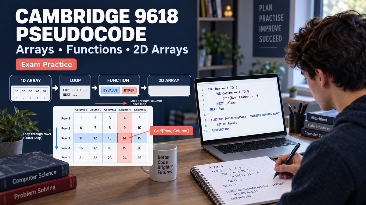 Cambridge 9618 Pseudocode Guide: Arrays, Functions, Procedures and 2D Arrays Explained