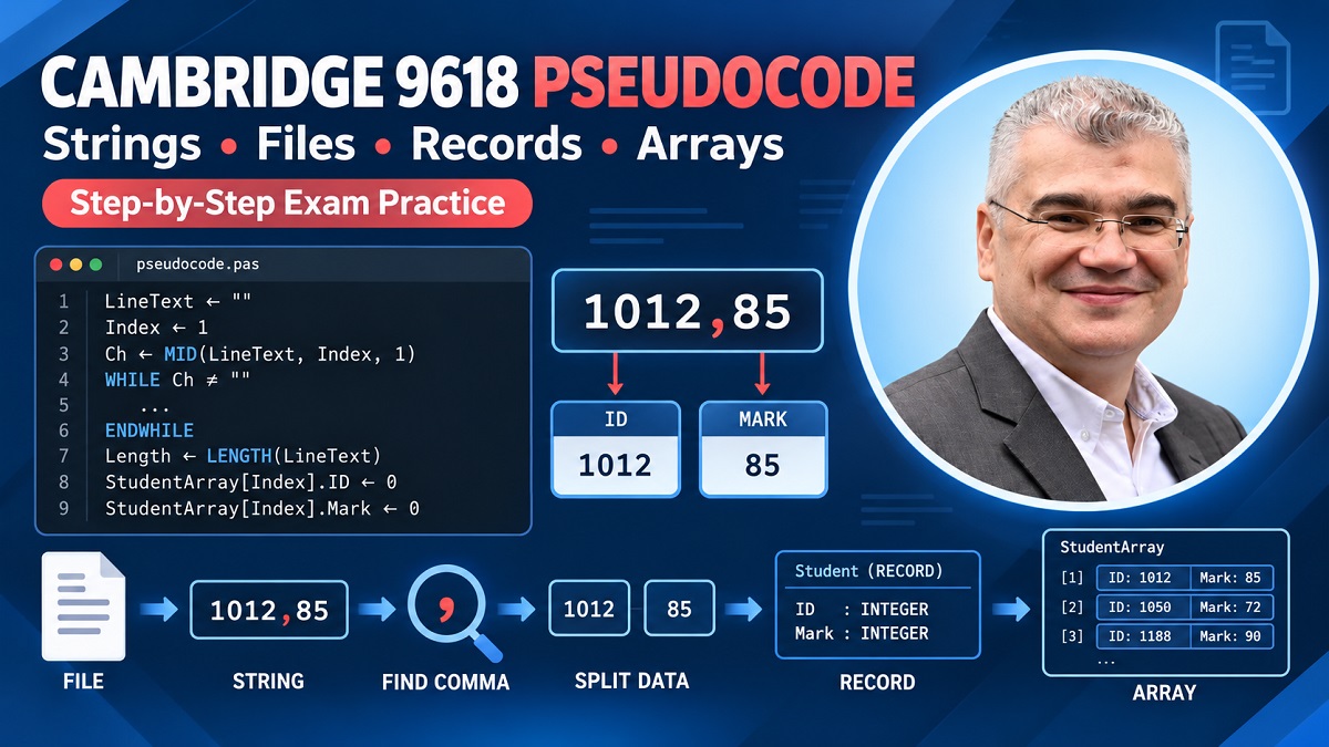 Cambridge 9618 Pseudocode: String Manipulation, File Handling, Records and Arrays Explained